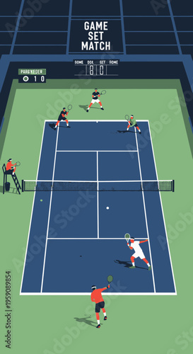 Dynamic Tennis Match With Players Engaged In Intense Competition