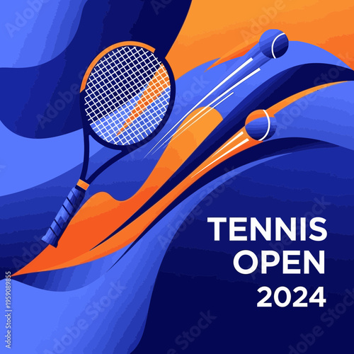 Dynamic Tennis Open 2024 Graphic With Racket and Balls