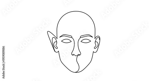 Abstract Single Line Drawing of a Bald Head with Elven Ears and Muted Expression