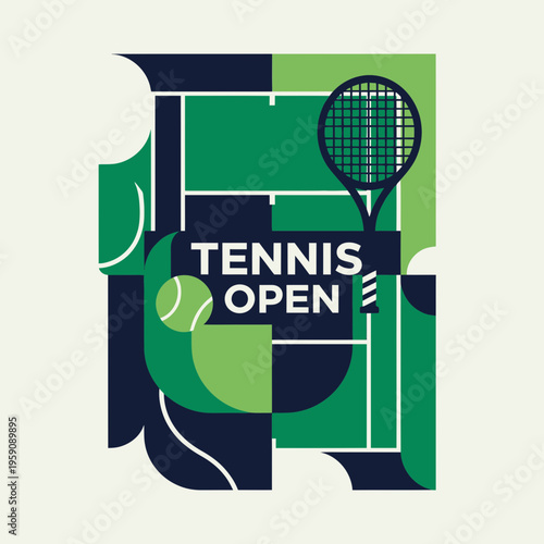 Dynamic Tennis Open Event Announcement With Geometric Court Design