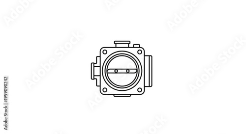 Automotive throttle body, engine part, clean line art illustration on white background