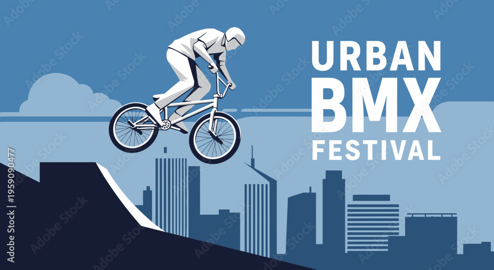 Naklejka premium Dynamic Urban BMX Festival Action Silhouette Of Cyclist Performing Stunt Over City Skyline