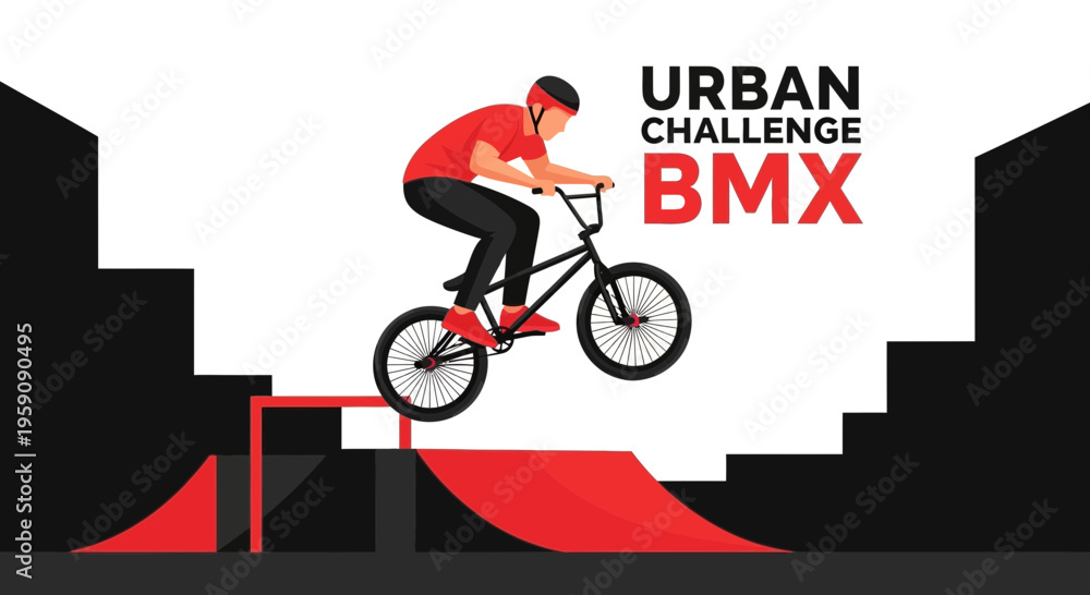 Fototapeta premium Dynamic Urban BMX Rider Soars Through Air On Ramp Challenge