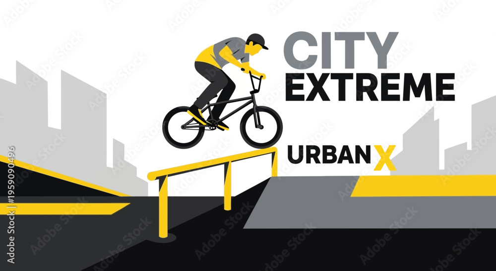 Fototapeta premium Dynamic Urban BMX Rider Performs Extreme Stunt Above Cityscape Graphic