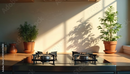 Modern kitchen stove with shiny metal burners sits on wood countertop. Potted green plants add life near sunny window casting leaf shadows on wall. Clean domestic appliance area.