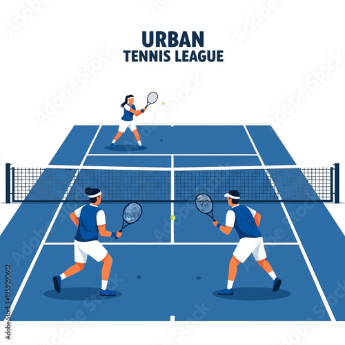 Dynamic Urban Tennis League Match In Action Illustration