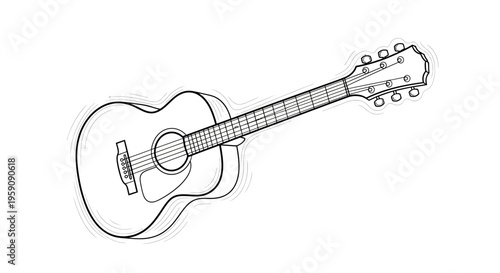 Acoustic Guitar Drawing, Musical Instrument Sketch, Black and White Line Art