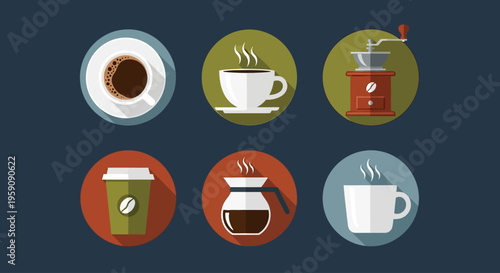 Flat design coffee icons set featuring cups grinder carafe and takeaway mug elements