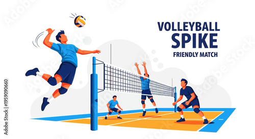 Dynamic Volleyball Action Depicts Spike in a Friendly Match on Court with Players
