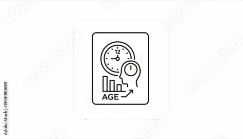 Age progression chart with human head silhouette and clock, concept of aging and time passing