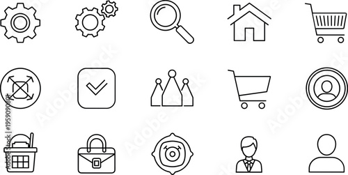 Minimal user interface outline icon set featuring search settings shopping cart profile and navigation symbols for apps