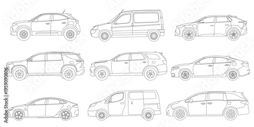 Collection of nine detailed line art vector drawings showcasing various car types in side profile.