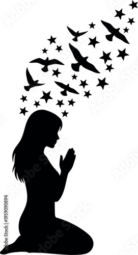 Silhouette of woman praying with birds and stars flying from head, spiritual meditation concept