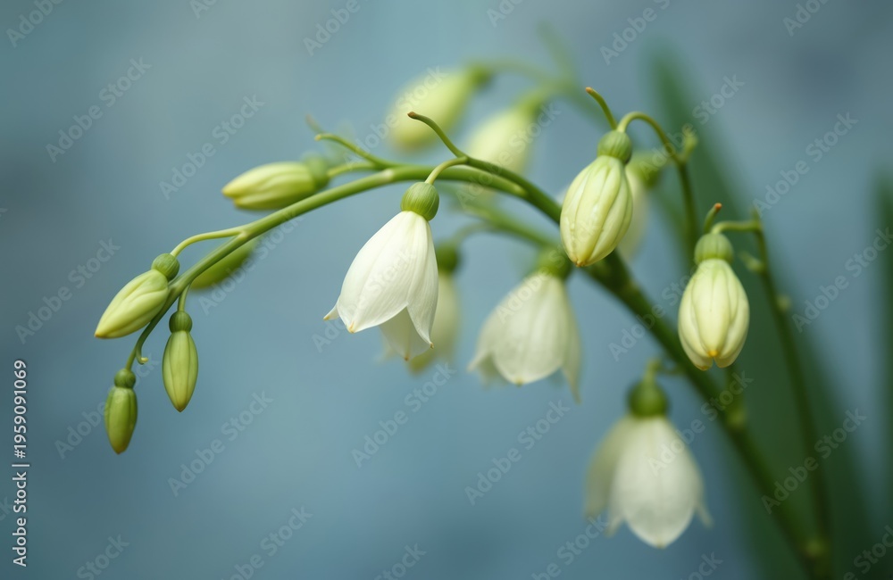 Obraz premium White freesia flower buds and blooms on a green stem. Soft blue background creates a delicate natural scene. Macro details show plant growth and fresh flora.