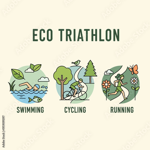 Eco-Friendly Triathlon Illustration Depicting Swimming, Cycling, and Running Stages with Nature
