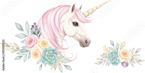 Watercolor unicorn with rainbow mane and floral accents