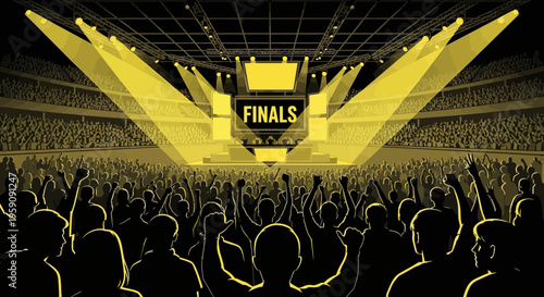 Electric Stadium Crowd Cheers During E-Sports Finals With Bright Stage Lights