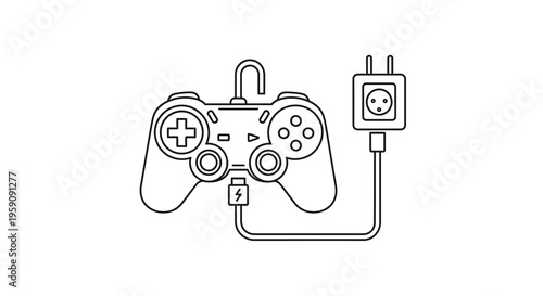 Video Game Controller Charging with Power Plug Icon, Line Art