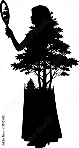 Double exposure silhouette of woman with trees holding mirror, nature and self-reflection concept illustration