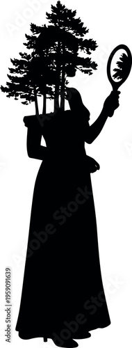 Surreal Silhouette of Woman with Trees and Mirror Double Exposure Vector Illustration