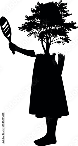 Surreal Silhouette of Girl with Tree Head Holding Mirror Conceptual Art Illustration