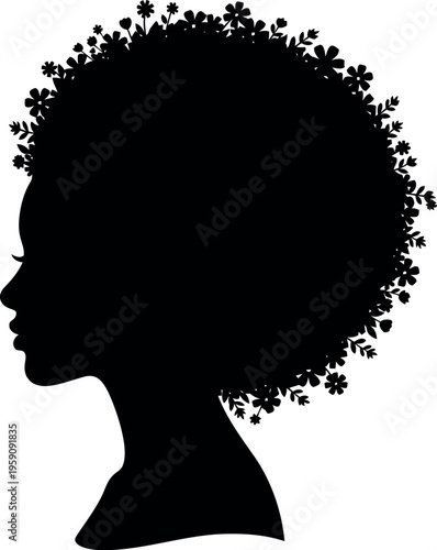 Black woman silhouette with floral afro hairstyle, elegant profile vector illustration for beauty and fashion design