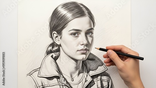 An artist's hand holds a pencil to draw a detailed portrait of a young woman with a focused expression.