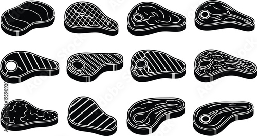 A collection of twelve black and white vector icons representing various cuts of raw beef steaks