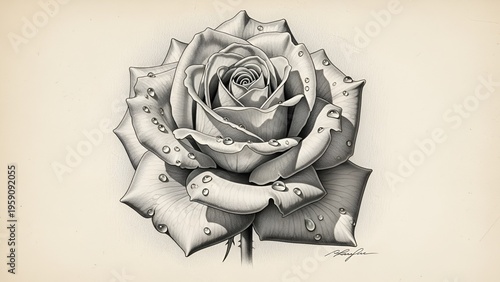 A beautiful rose with water droplets on its petals in a detailed pencil drawing
