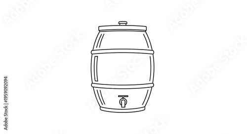 Vintage Wooden Barrel with Tap, Outline Illustration, Isolated on White Background