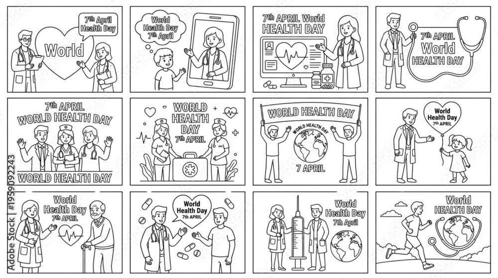 Fototapeta premium World Health Day Line Art Illustrations for Public Health Awareness Medical Care and Global Wellness
