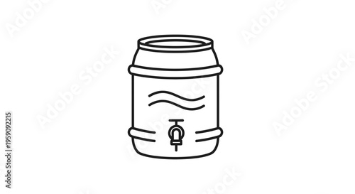 Water Cooler Dispenser Icon, Beverage Barrel with Tap, Simple Line Art