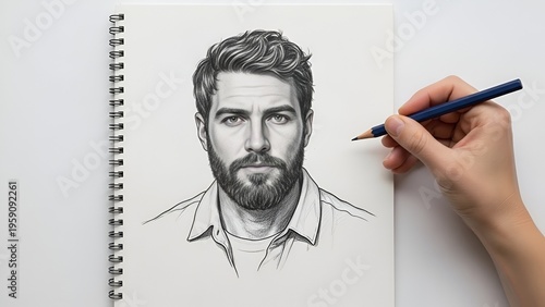 A hand drawing a realistic portrait of a man with a beard in a sketchbook