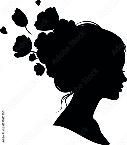 Elegant female silhouette profile with floral hair arrangement in black and white vector illustration