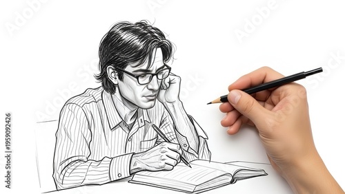 A person drawing a sketch of a man sitting at a desk with a pencil and notebook.