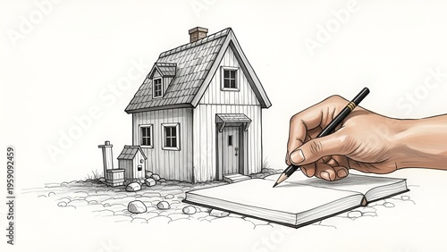 A hand drawing a house in a notebook with a pencil