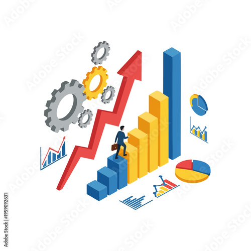 Wallpaper Mural Businessman climbing bar graph with upward arrow and gears. Torontodigital.ca