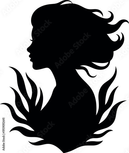 Elegant female silhouette profile with flowing hair and decorative floral elements in black vector art