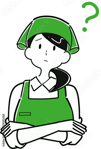 腕を組んで悩む女性店員 考える 疑問 トラブル