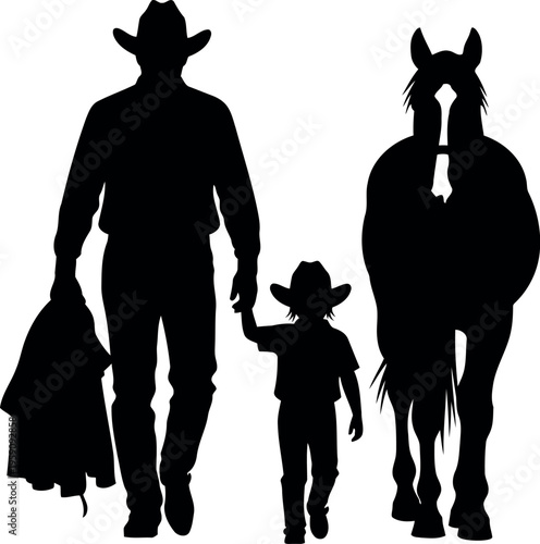 Silhouette of Cowboy Father and Son Walking with Horse, Western Family Bonding Concept