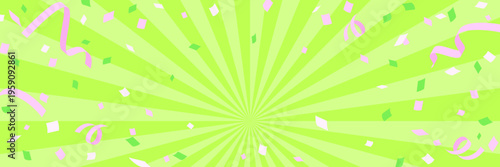 鮮やかな黄緑色の集中線に紙吹雪が舞う背景素材、春から初夏のバナー背景