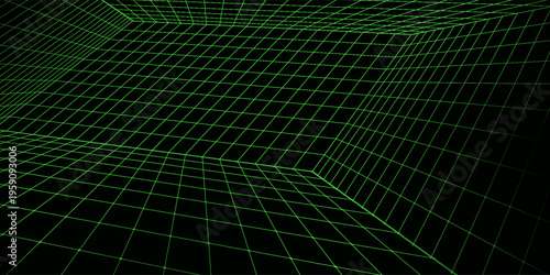 Neon green wireframe grid room. 3d perspective angle background. Futuristic digital outline space. Geometric dimension design. Vector template illustration