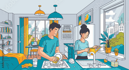 Illustration of a man and woman washing dishes together in a modern kitchen with city view, daytime.