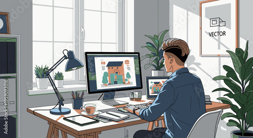 A man sits at a desk working on a computer with a monitor, keyboard, and lamp in a modern office space with plants and a window.