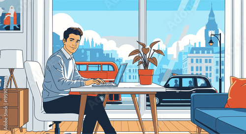Illustration of a man working on a laptop at a small table by a large window overlooking a cityscape with a bus and buildings outside.