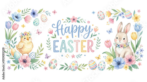 Cute Easter Bunny and Chick with Flowers for Spring Holiday Greeting Cards and Decorations