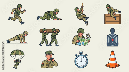 Vector illustration of training icons showing soldiers running, crawling with weapons, parachuting, aiming rifles, using a map, targeting a bullseye and a stopwatch, view on a pale yellow backdrop