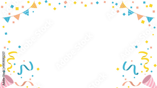 ガーランドとクラッカー・紙吹雪フレーム 1920×1080サイズのパーティー用横長バナー背景ベクター素材