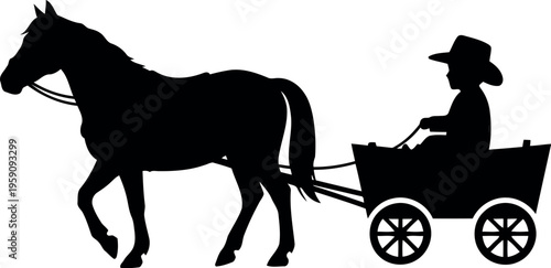 Silhouette of Horse Drawn Carriage with Child Driver in Cowboy Hat Isolated on White Background