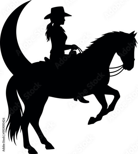 Silhouette of Cowgirl Riding Horse with Crescent Moon Western Rodeo Vector Illustration